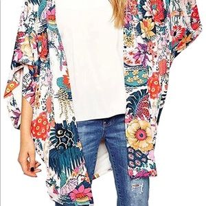 Flowers and birds print kimono